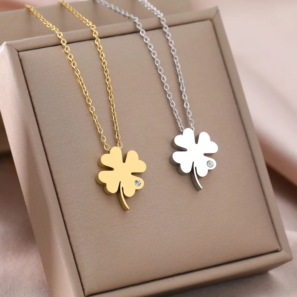 Stainless Steel Necklaces Bohemian Temperament Clover Crystal Zircon Pendant Everyday Wear Chain Girl Necklace For Women Jewelry Stainless Steel Necklaces Bohemian Temperament Clover Crystal Zircon Pendant Everyday Wear Chain Girl Necklace For Women Jewelry