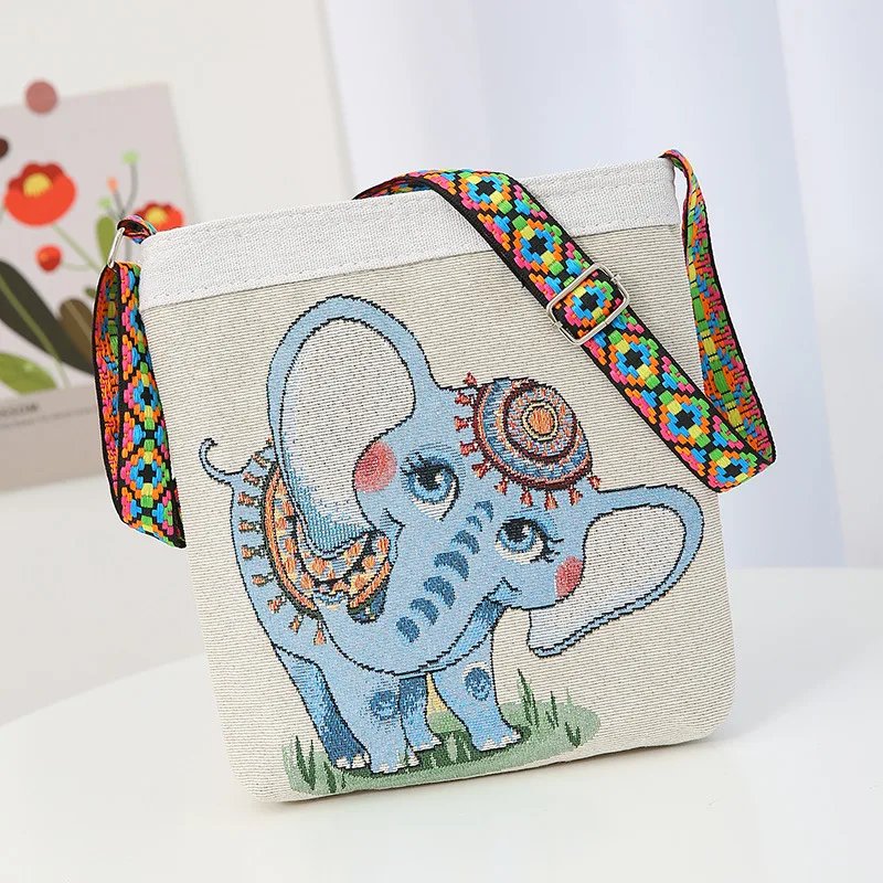 Embroidered Elephant Handheld Bag Women New Retro Large Capacity Crossbody Bag Nylon Knitted Casual Portable Handbag Embroidered Elephant Handheld Bag Women New Retro Large Capacity Crossbody Bag Nylon Knitted Casual Portable Handbag
