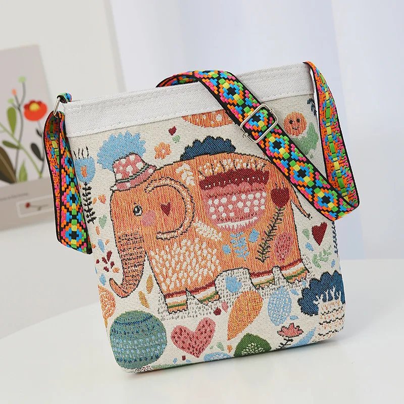 Embroidered Elephant Handheld Bag Women New Retro Large Capacity Crossbody Bag Nylon Knitted Casual Portable Handbag Embroidered Elephant Handheld Bag Women New Retro Large Capacity Crossbody Bag Nylon Knitted Casual Portable Handbag