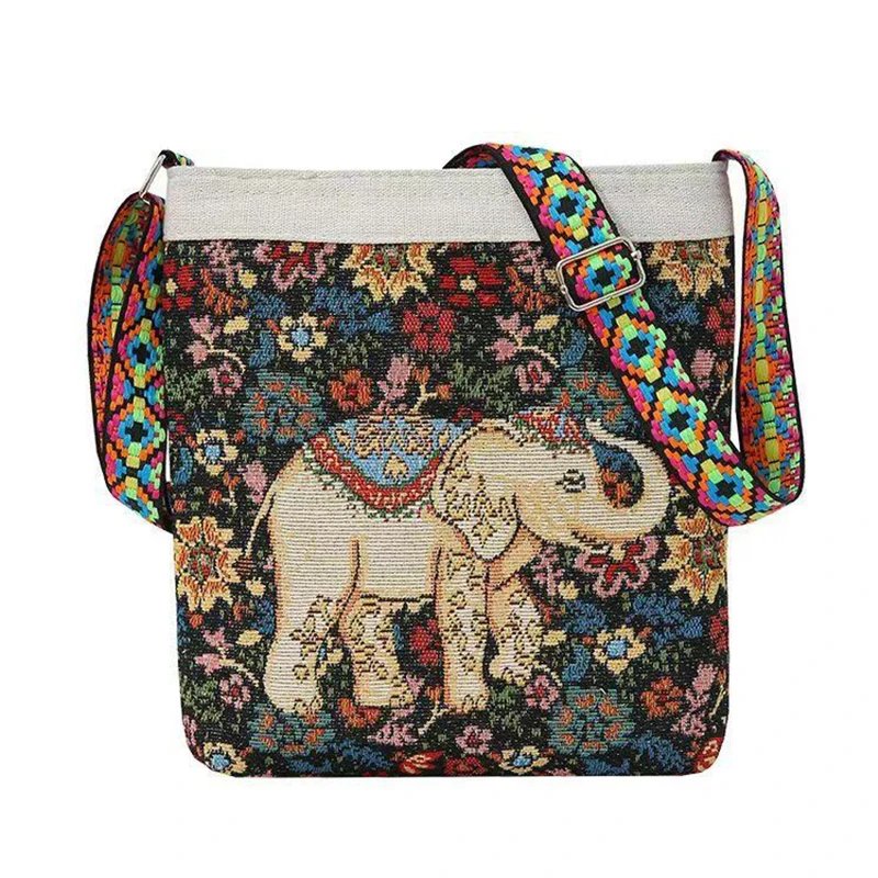 Embroidered Elephant Handheld Bag Women New Retro Large Capacity Crossbody Bag Nylon Knitted Casual Portable Handbag Embroidered Elephant Handheld Bag Women New Retro Large Capacity Crossbody Bag Nylon Knitted Casual Portable Handbag
