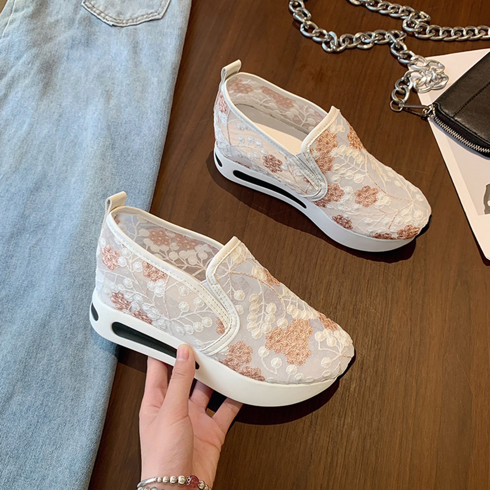 Women Sneaker Summer Breathable Lace Mesh Flower Embroidery Round Head Thick Sole Comfortable Casual Vulcanized Shoes zapatillas