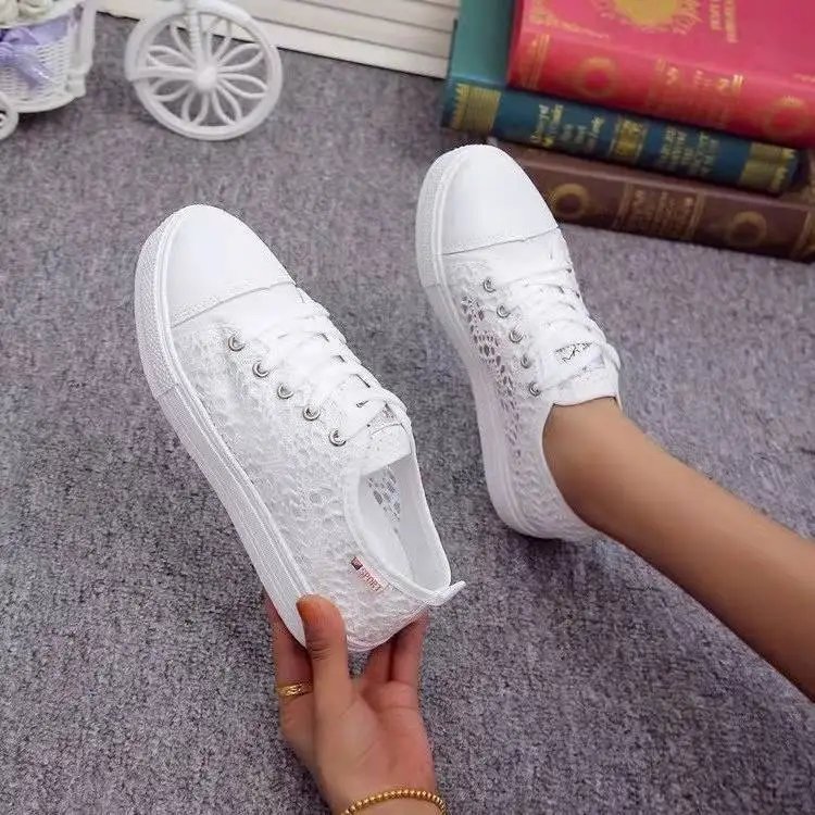 Women Shoes 2022 Fashion Summer Casual White Shoes Cutouts Lace Canvas Hollow Breathable Platform Flat Shoes Woman Sneakers