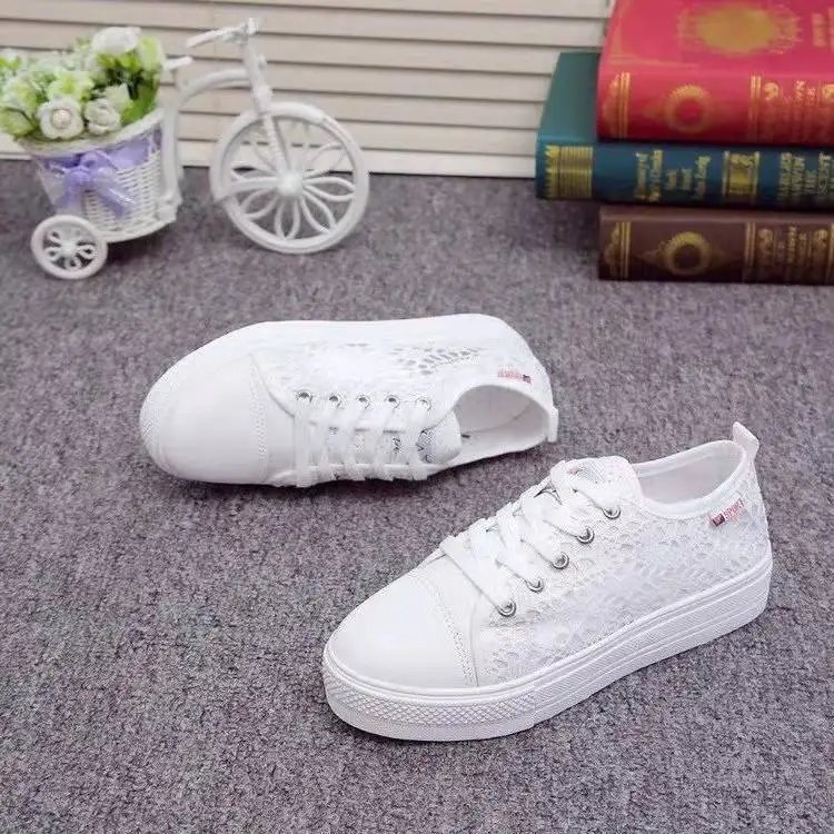Women Shoes 2022 Fashion Summer Casual White Shoes Cutouts Lace Canvas Hollow Breathable Platform Flat Shoes Woman Sneakers