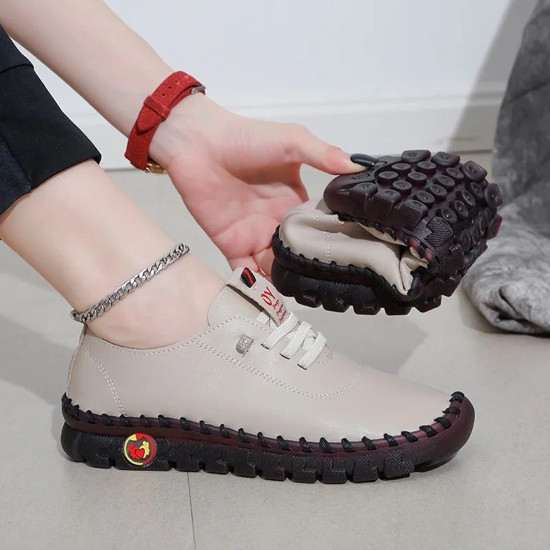 Women Shoes Loafers Lace Up Leather Flat New Spring 2023 Casual comfortable Mom Shoe Mujer Zapatos Chaussure Femme