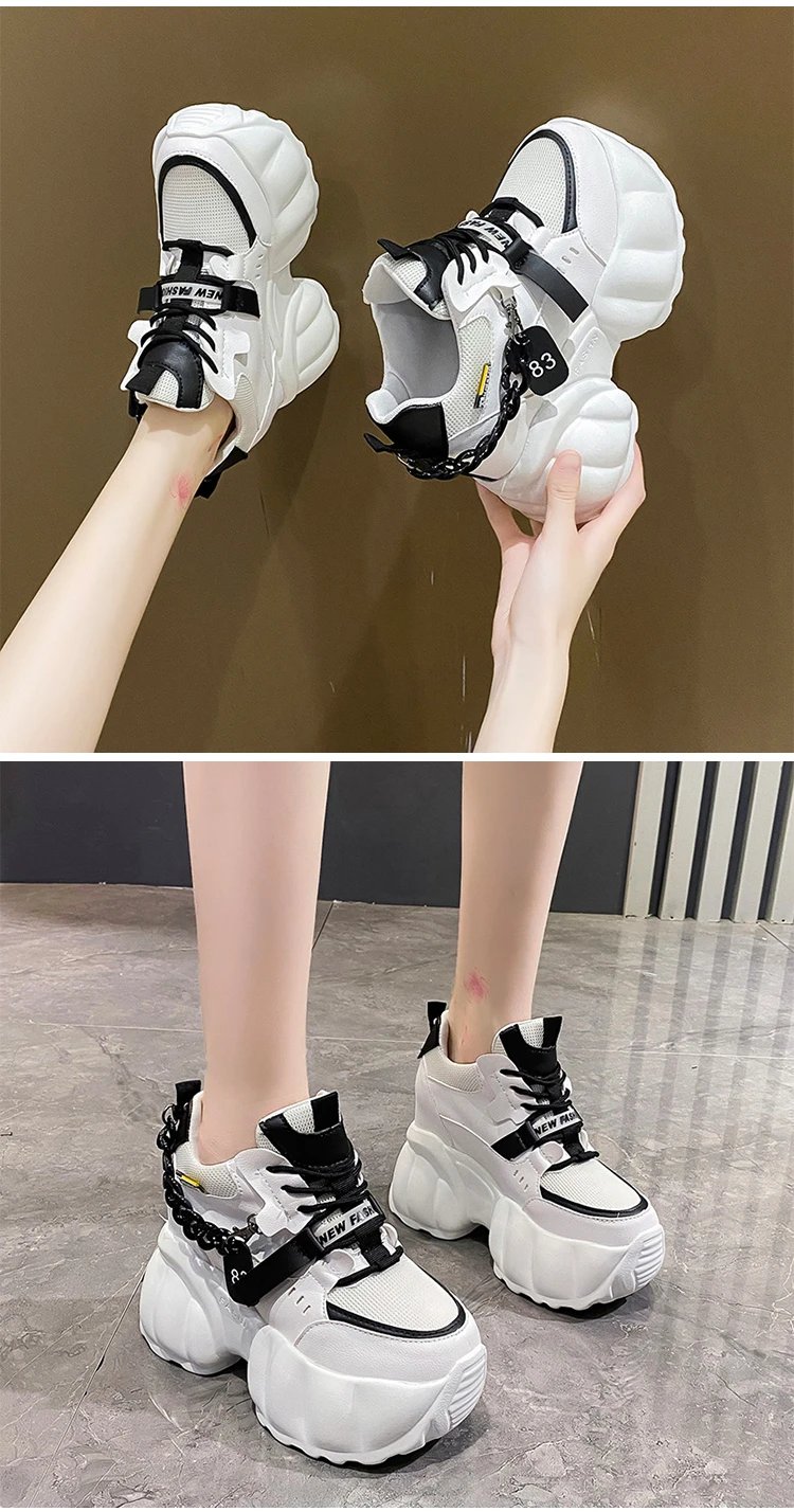 Women Chain Chunky Sneakers White Black Fashion 10CM Thick Sole Casual Ladies Vulcanized Shoes Sport High Platform Sneaker Woman