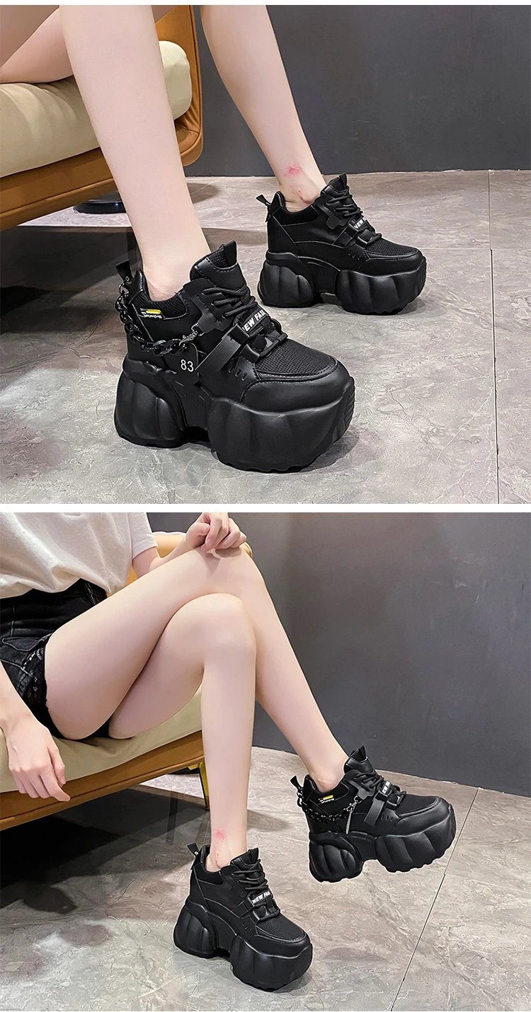 Women Chain Chunky Sneakers White Black Fashion 10CM Thick Sole Casual Ladies Vulcanized Shoes Sport High Platform Sneaker Woman