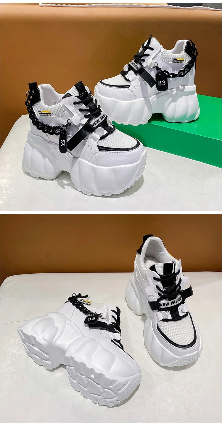 Women Chain Chunky Sneakers White Black Fashion 10CM Thick Sole Casual Ladies Vulcanized Shoes Sport High Platform Sneaker Woman