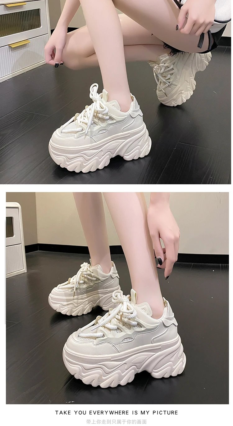 Women Platform Casual Breathable Mesh Shoes 2023 New Summer Chunky Sneakers 8.5CM Wedges Hidden Heels Hollow Leisure Shoes Woman