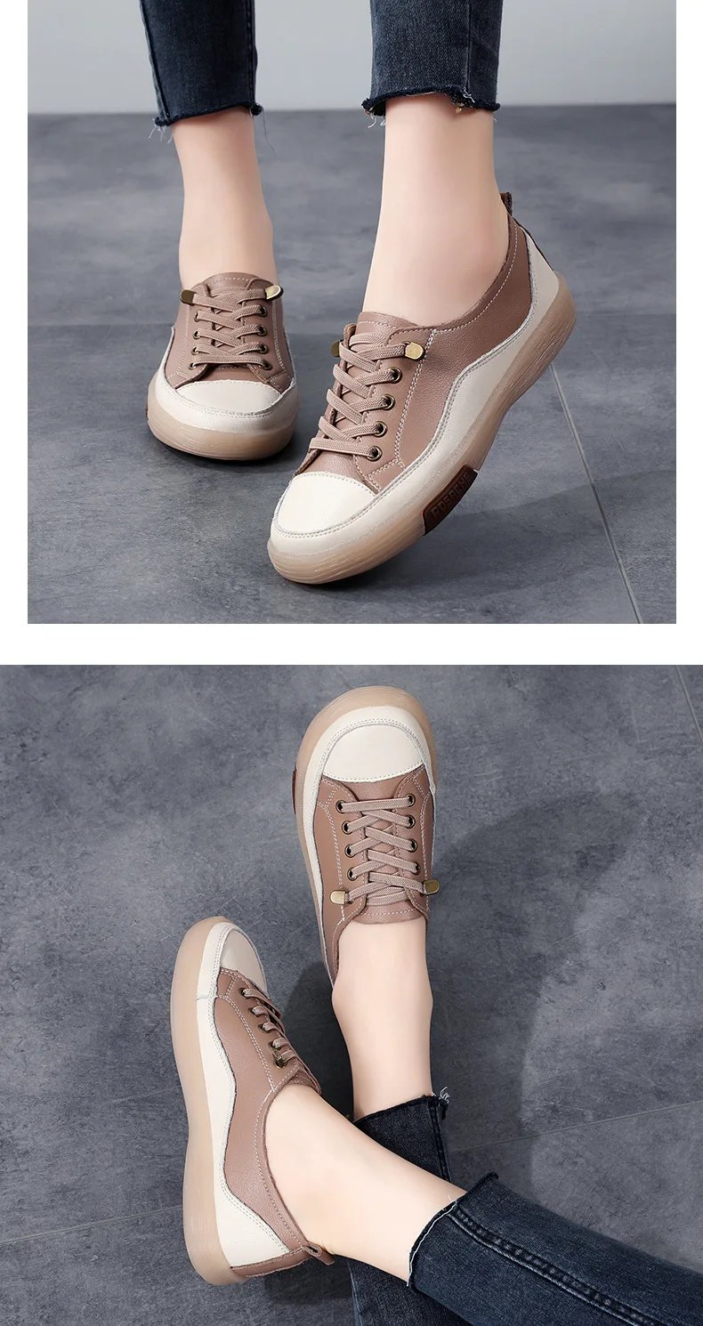 Genuine Leather Women Soft Sole Walking Shoes Girl Student Jooging Sneaker White Black Flats Female Casual Skate Trainers Summer