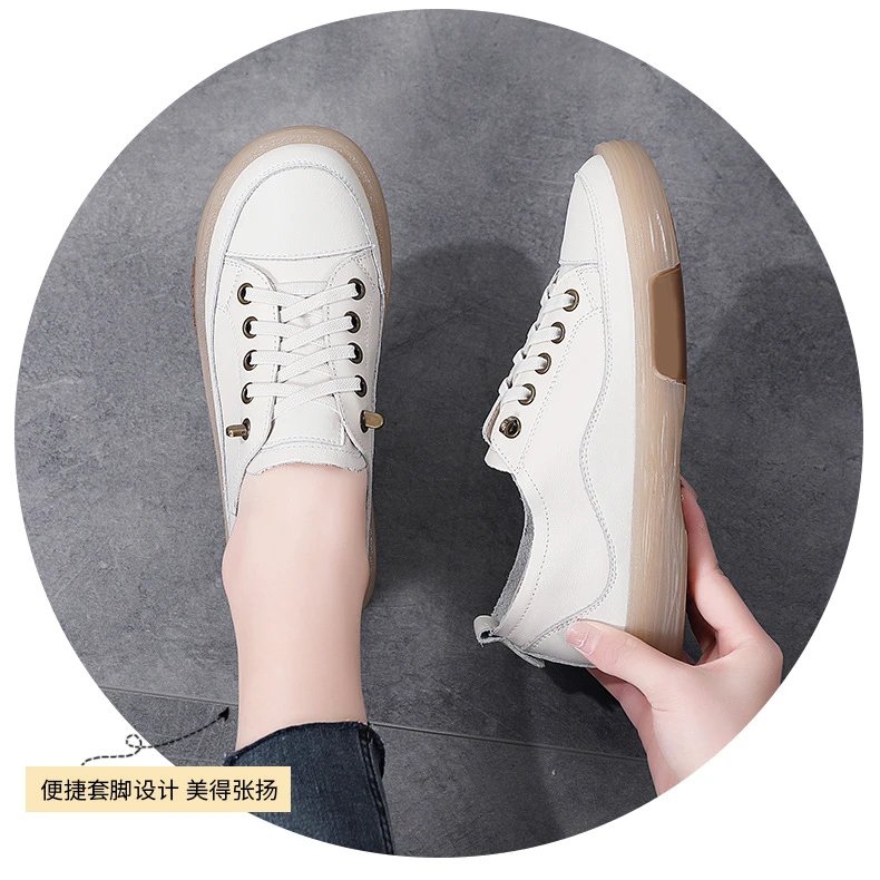 Genuine Leather Women Soft Sole Walking Shoes Girl Student Jooging Sneaker White Black Flats Female Casual Skate Trainers Summer