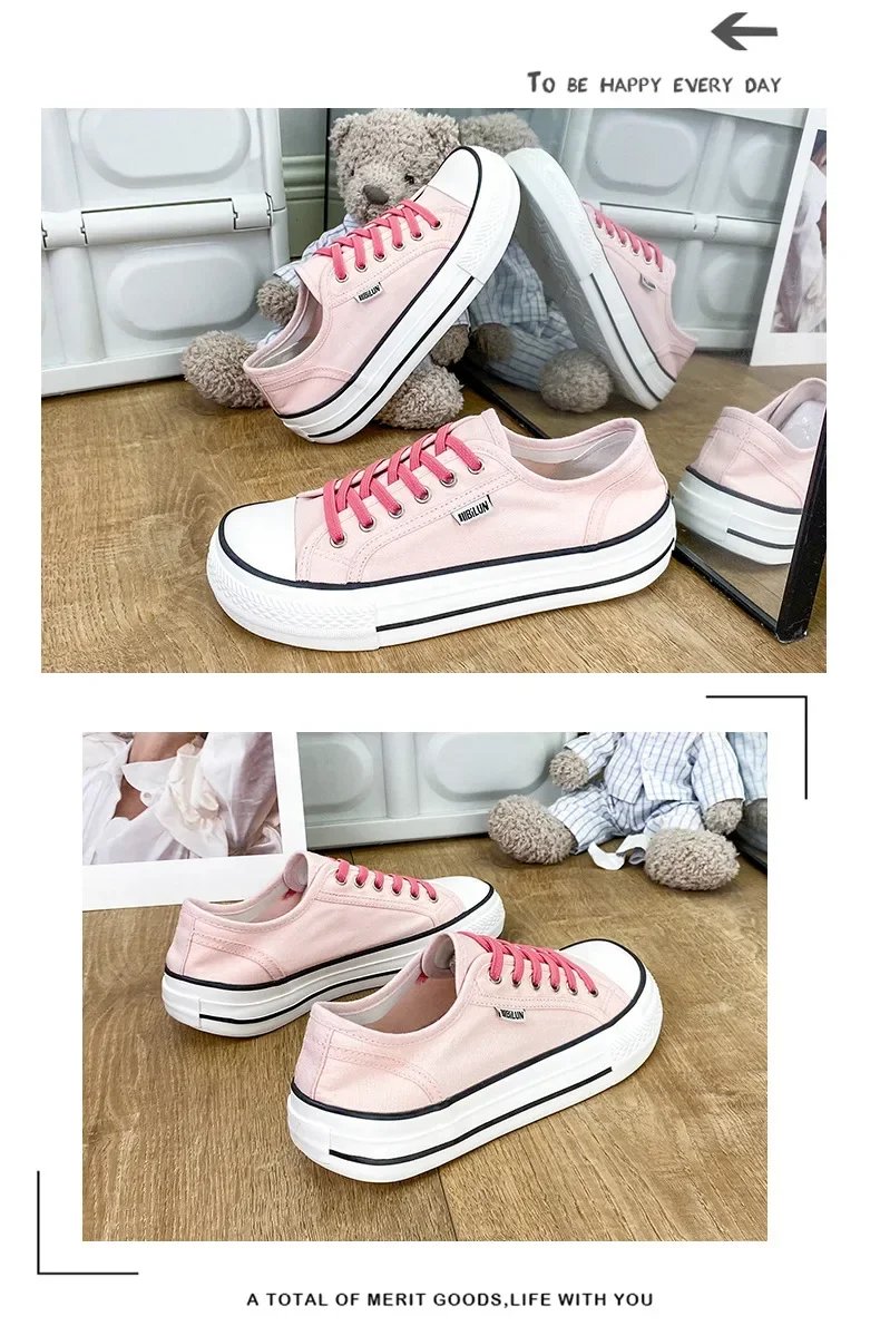 Women's Canvas Shoes 2024 Spring Lace Up Round Toe Causal Flat Shoes Student Sneakers Girls Skateboard Vulcanized Tennis Women