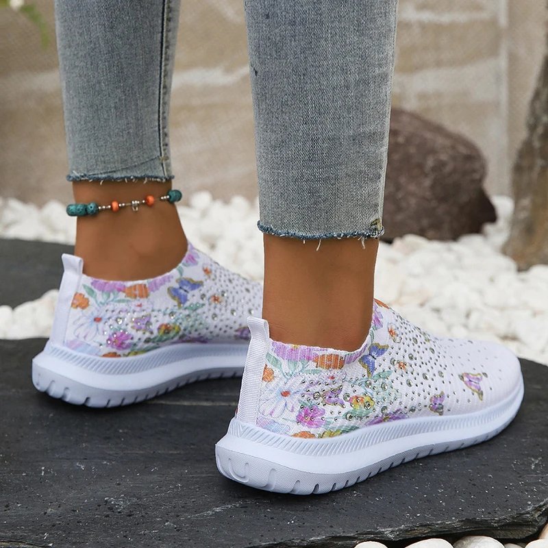 Women's Soft Printed Flats 2024 Breathable Knitting Platform Sneakers Women Chinese Style Flowers Casual Shoes Plus Size 43