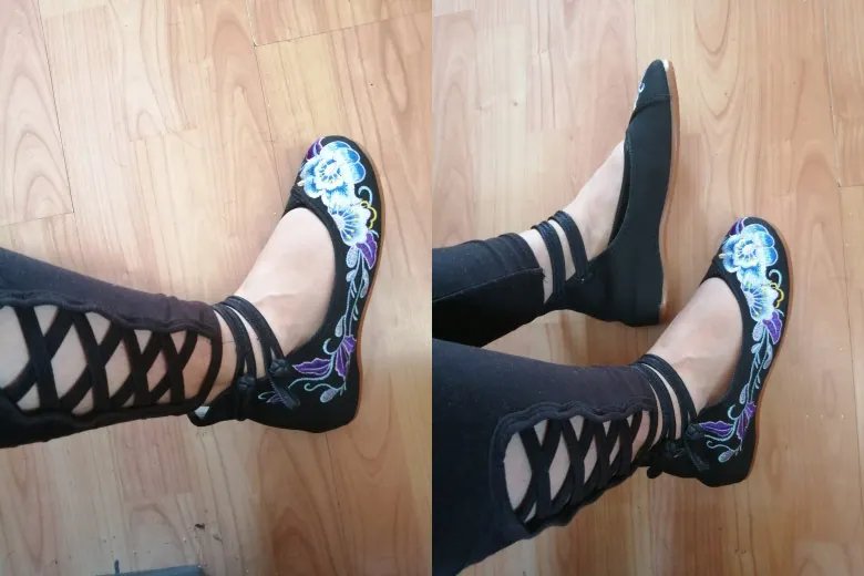 Veowalk Vintage Women Cotton Flower Embroidery Shoes Ladies Casual Chinese Style Comfortable Soft Canvas Dance Ballets Ballerina