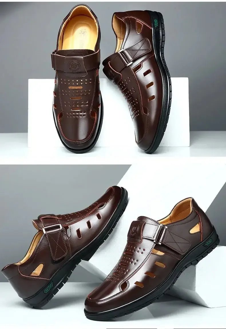 Men Leather Sandals Summer Breathable Casual Shoes for Man Slip on Beach Clogs Outdoor Non Slip Hand Made Sandalias