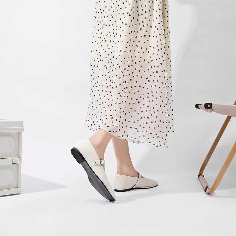 Mary Jane Shoes Female Genuine Leather 2024 New Snap Ballet Shoes Women Square Toe Flat Cowhide Ladies Shoes