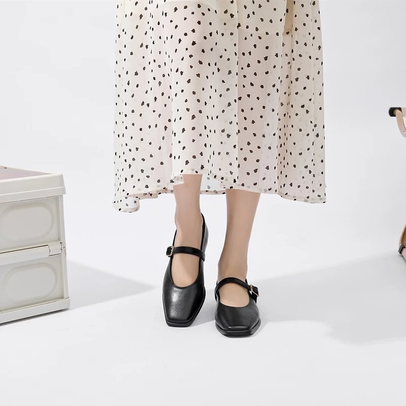 Mary Jane Shoes Female Genuine Leather 2024 New Snap Ballet Shoes Women Square Toe Flat Cowhide Ladies Shoes