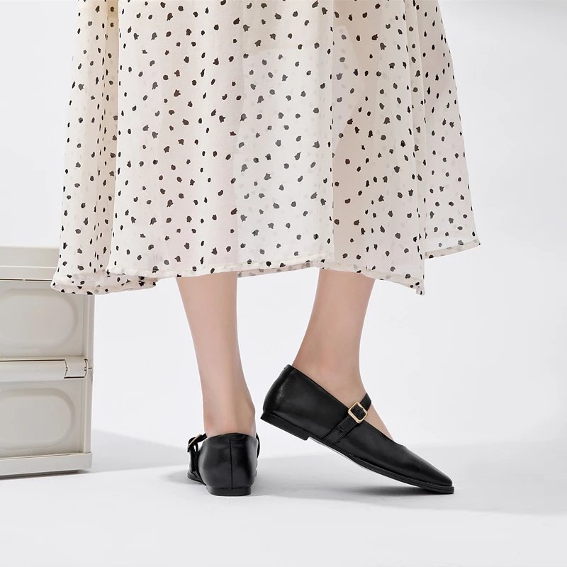 Mary Jane Shoes Female Genuine Leather 2024 New Snap Ballet Shoes Women Square Toe Flat Cowhide Ladies Shoes