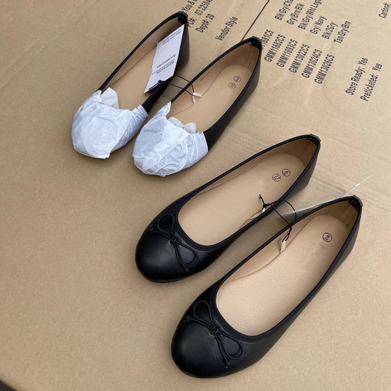Elegant Bowknot Ballerina Women's Flat Round Toe Comfort Slip-On Ladies Loafers Leather Single Mules Shoes