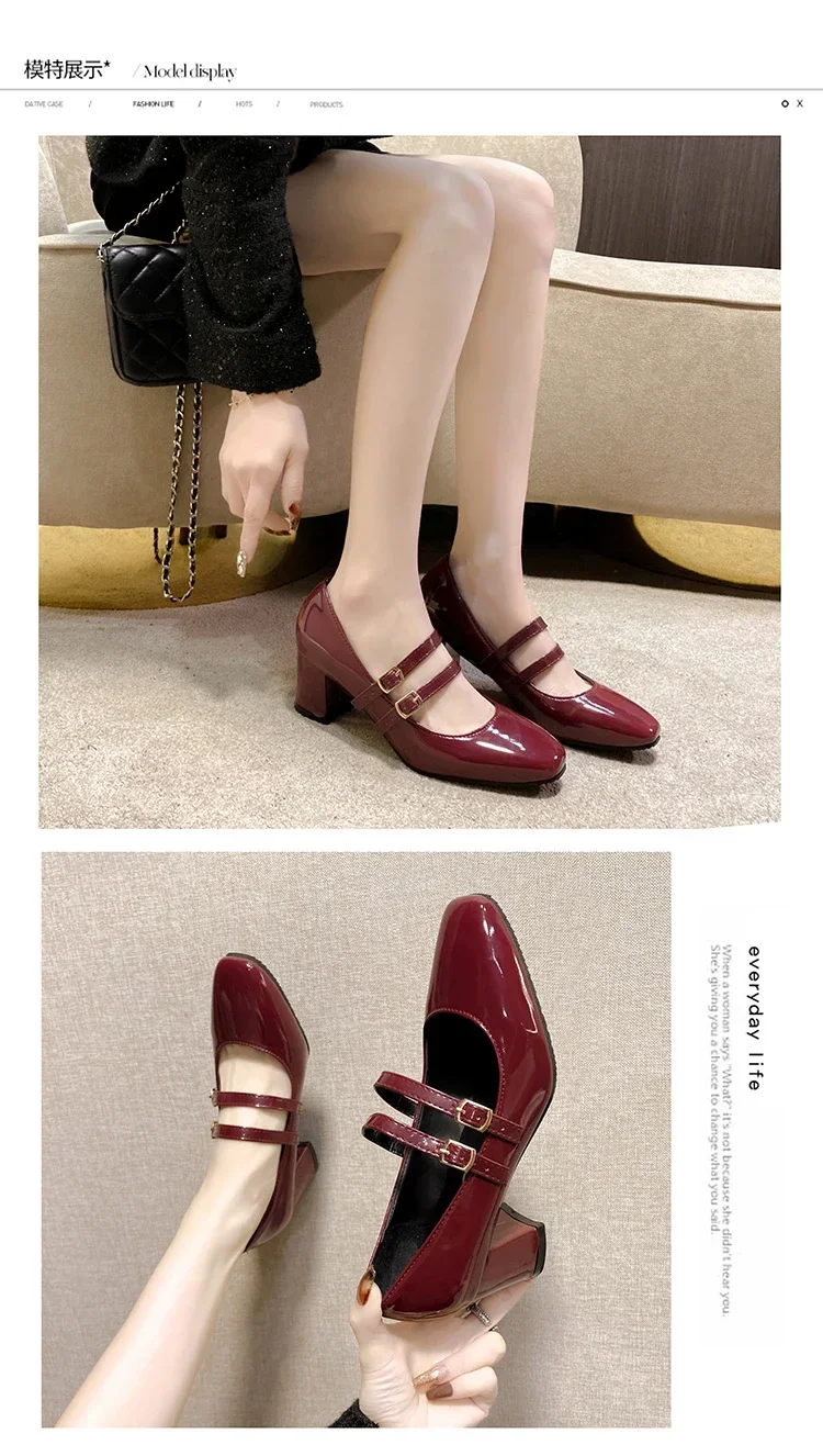 2024 Spring Autumn Women Double Buckle Mary Janes Shoes Patent Leather Dress Square Head Square Heel Solid Color Women's Shoes 2024 Spring Autumn Women Double Buckle Mary Janes Shoes Patent Leather Dress Square Head Square Heel Solid Color Women's Shoes