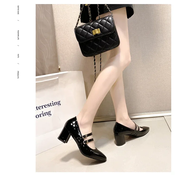 2024 Spring Autumn Women Double Buckle Mary Janes Shoes Patent Leather Dress Square Head Square Heel Solid Color Women's Shoes 2024 Spring Autumn Women Double Buckle Mary Janes Shoes Patent Leather Dress Square Head Square Heel Solid Color Women's Shoes