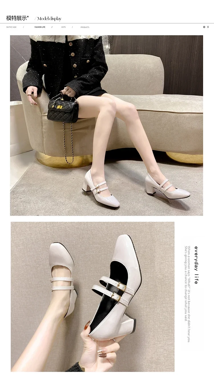 2024 Spring Autumn Women Double Buckle Mary Janes Shoes Patent Leather Dress Square Head Square Heel Solid Color Women's Shoes 2024 Spring Autumn Women Double Buckle Mary Janes Shoes Patent Leather Dress Square Head Square Heel Solid Color Women's Shoes