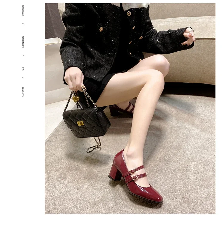 2024 Spring Autumn Women Double Buckle Mary Janes Shoes Patent Leather Dress Square Head Square Heel Solid Color Women's Shoes 2024 Spring Autumn Women Double Buckle Mary Janes Shoes Patent Leather Dress Square Head Square Heel Solid Color Women's Shoes