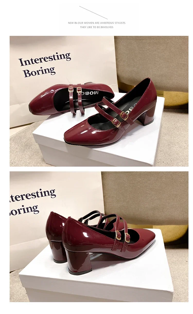 2024 Spring Autumn Women Double Buckle Mary Janes Shoes Patent Leather Dress Square Head Square Heel Solid Color Women's Shoes 2024 Spring Autumn Women Double Buckle Mary Janes Shoes Patent Leather Dress Square Head Square Heel Solid Color Women's Shoes