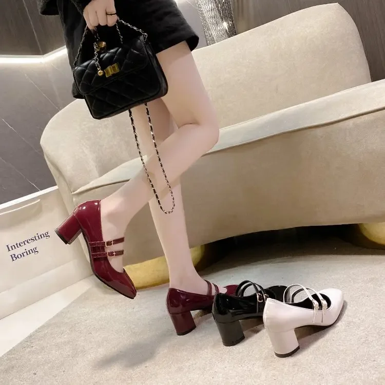 2024 Spring Autumn Women Double Buckle Mary Janes Shoes Patent Leather Dress Square Head Square Heel Solid Color Women's Shoes 2024 Spring Autumn Women Double Buckle Mary Janes Shoes Patent Leather Dress Square Head Square Heel Solid Color Women's Shoes
