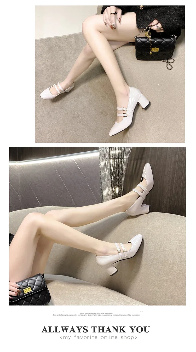 2024 Spring Autumn Women Double Buckle Mary Janes Shoes Patent Leather Dress Square Head Square Heel Solid Color Women's Shoes 2024 Spring Autumn Women Double Buckle Mary Janes Shoes Patent Leather Dress Square Head Square Heel Solid Color Women's Shoes