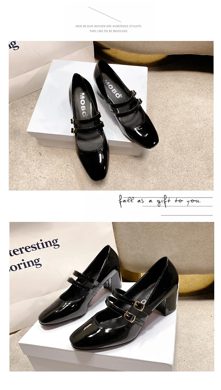 2024 Spring Autumn Women Double Buckle Mary Janes Shoes Patent Leather Dress Square Head Square Heel Solid Color Women's Shoes 2024 Spring Autumn Women Double Buckle Mary Janes Shoes Patent Leather Dress Square Head Square Heel Solid Color Women's Shoes
