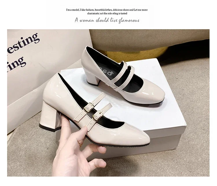 2024 Spring Autumn Women Double Buckle Mary Janes Shoes Patent Leather Dress Square Head Square Heel Solid Color Women's Shoes 2024 Spring Autumn Women Double Buckle Mary Janes Shoes Patent Leather Dress Square Head Square Heel Solid Color Women's Shoes