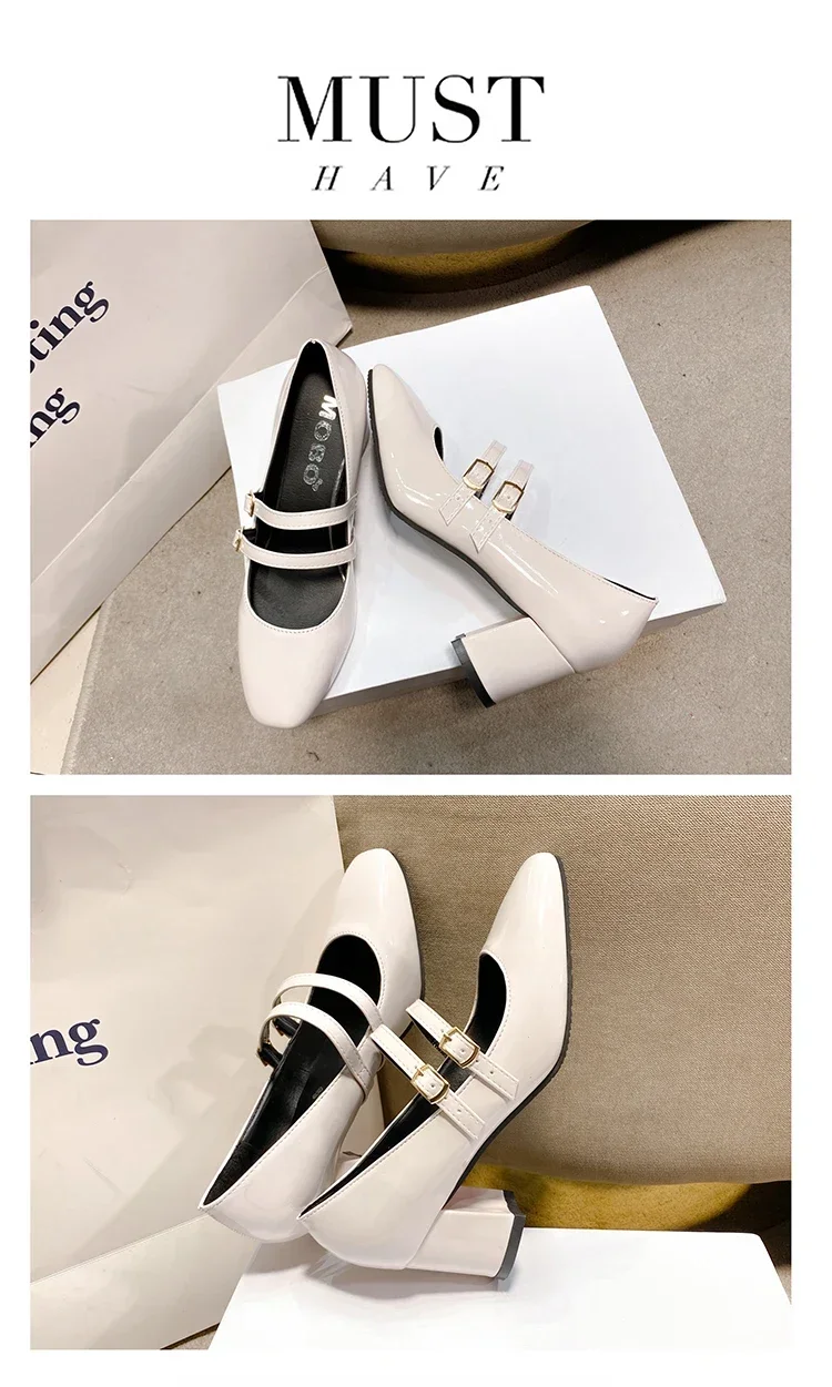 2024 Spring Autumn Women Double Buckle Mary Janes Shoes Patent Leather Dress Square Head Square Heel Solid Color Women's Shoes 2024 Spring Autumn Women Double Buckle Mary Janes Shoes Patent Leather Dress Square Head Square Heel Solid Color Women's Shoes
