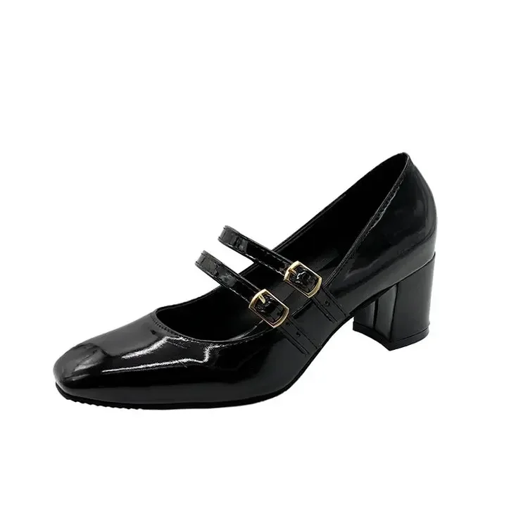 2024 Spring Autumn Women Double Buckle Mary Janes Shoes Patent Leather Dress Square Head Square Heel Solid Color Women's Shoes 2024 Spring Autumn Women Double Buckle Mary Janes Shoes Patent Leather Dress Square Head Square Heel Solid Color Women's Shoes