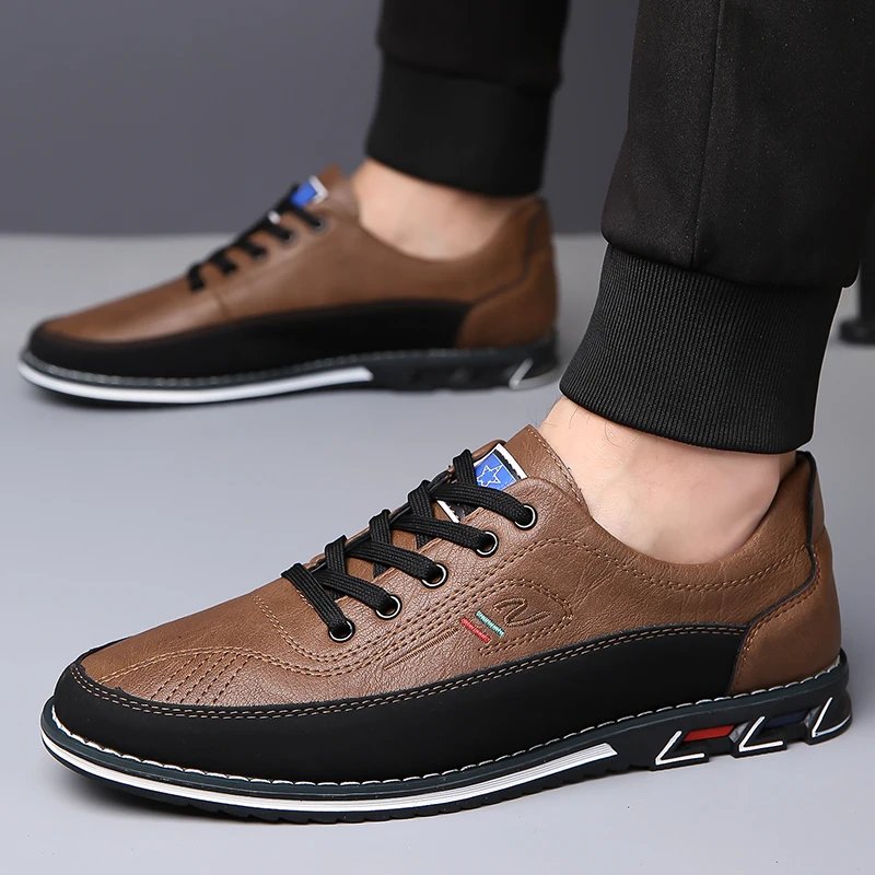 Men Sneakers Casual Loafers Shoes Fashion Brand Classic Lace-Up Pu Leather Flats Mix Color Sewing Spots Business Men Big Size