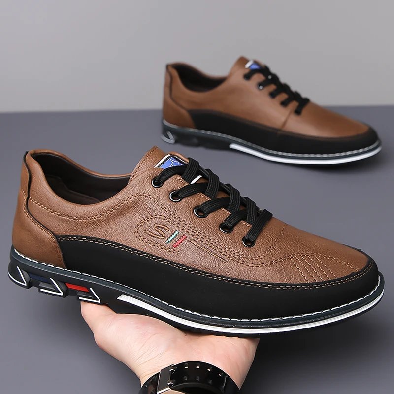 Men Sneakers Casual Loafers Shoes Fashion Brand Classic Lace-Up Pu Leather Flats Mix Color Sewing Spots Business Men Big Size