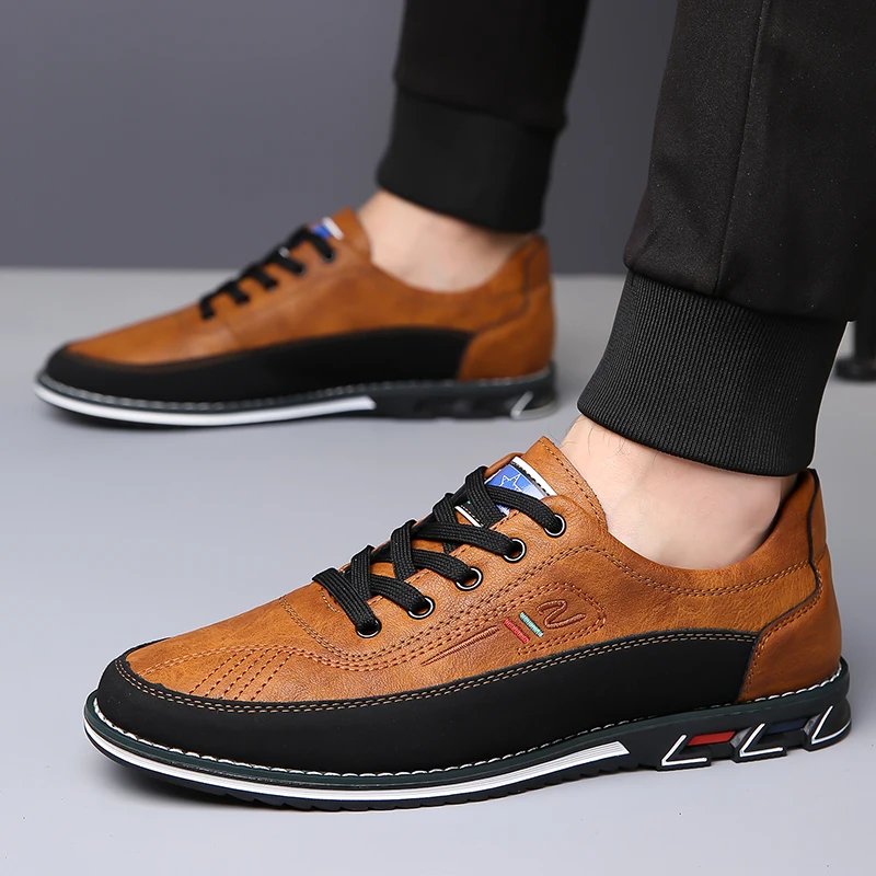 Men Sneakers Casual Loafers Shoes Fashion Brand Classic Lace-Up Pu Leather Flats Mix Color Sewing Spots Business Men Big Size