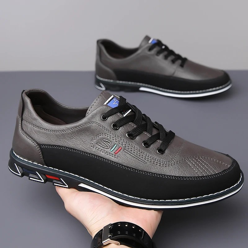 Men Sneakers Casual Loafers Shoes Fashion Brand Classic Lace-Up Pu Leather Flats Mix Color Sewing Spots Business Men Big Size