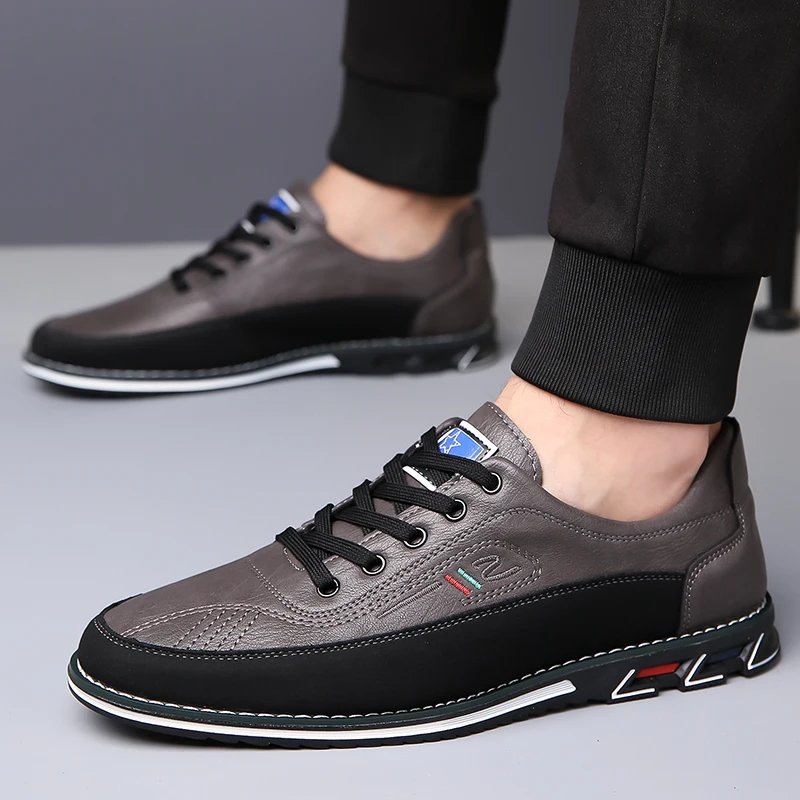 Men Sneakers Casual Loafers Shoes Fashion Brand Classic Lace-Up Pu Leather Flats Mix Color Sewing Spots Business Men Big Size