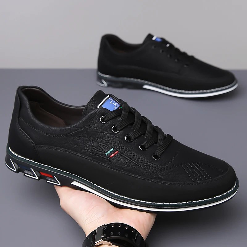 Men Sneakers Casual Loafers Shoes Fashion Brand Classic Lace-Up Pu Leather Flats Mix Color Sewing Spots Business Men Big Size