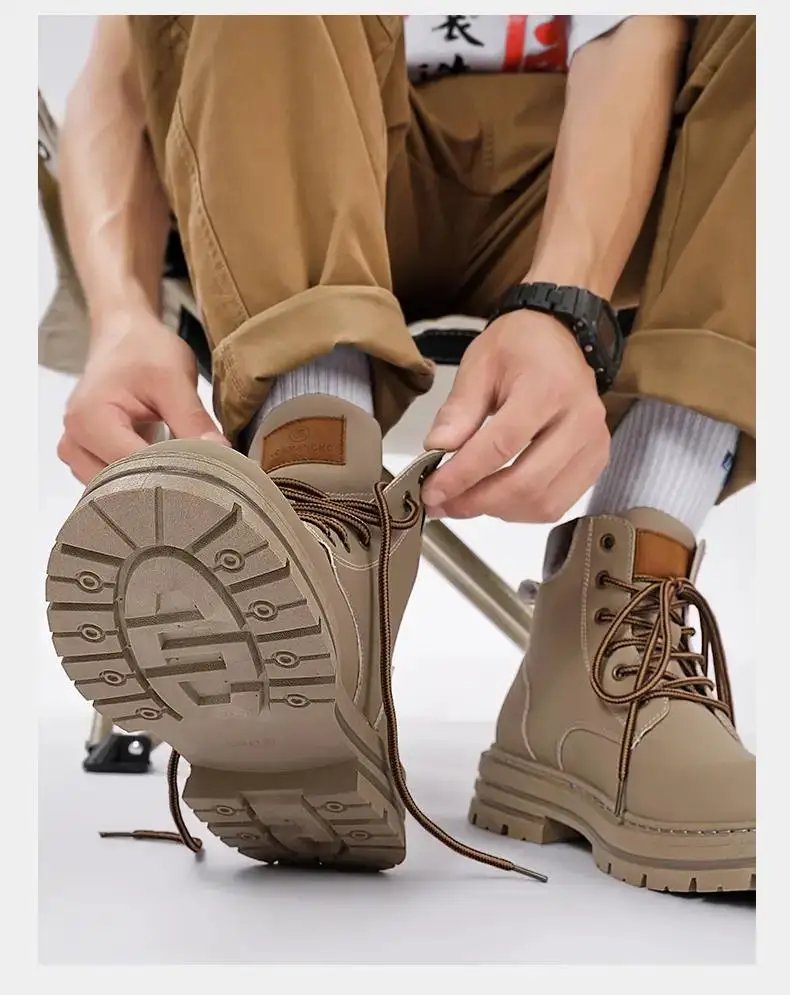 Men Retro Work Shoes Autumn Winter Thick Bottom High Top Non Slip Warm Casual Boots Leather Lace-up Big Head Tooling Boots 2023