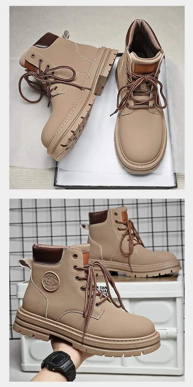 Men Retro Work Shoes Autumn Winter Thick Bottom High Top Non Slip Warm Casual Boots Leather Lace-up Big Head Tooling Boots 2023