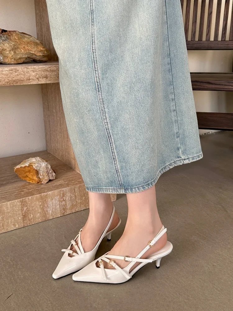 Eilyken Sexy Slingbacks Narrow Band Buckle Strap Pumps Women Pointed Toe Thin Heels Wedding Party Mule Shoes
