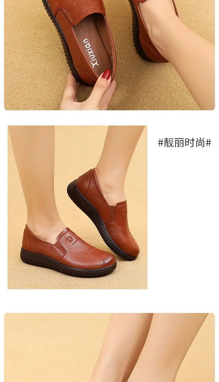 Moccasins Mom Flats Shoes Soft Sole Loafers Round Toe ShoesNew Spring and Autumn Flat Sole Non slip Female Casual Leather Shoes