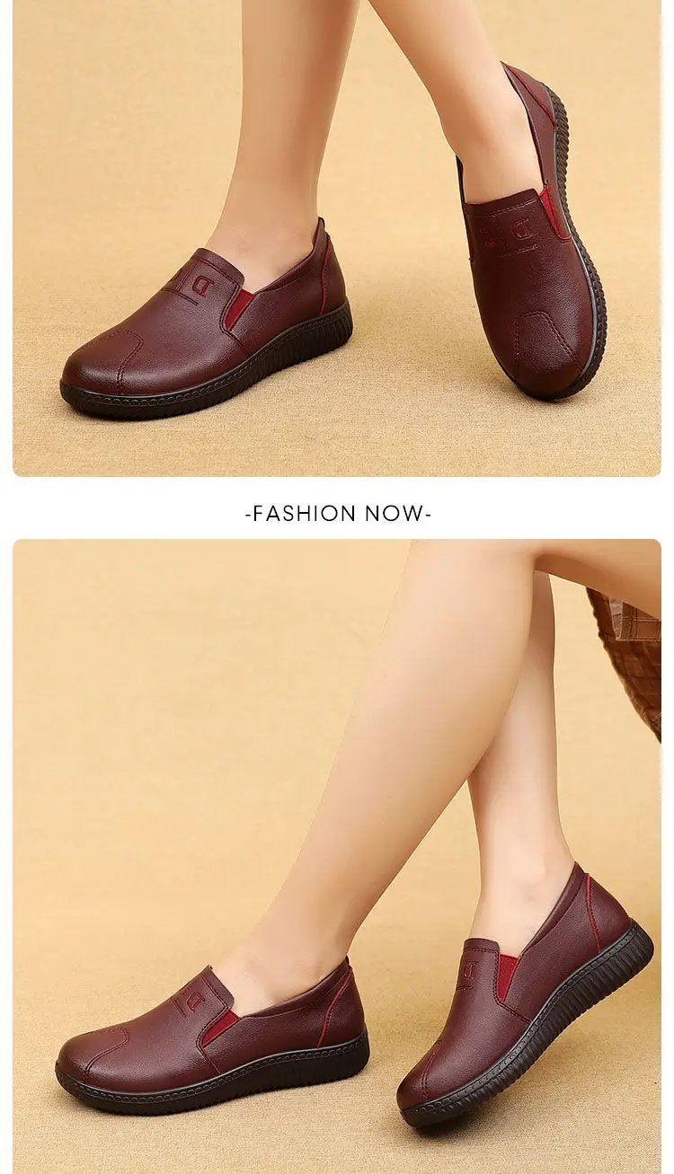 Moccasins Mom Flats Shoes Soft Sole Loafers Round Toe ShoesNew Spring and Autumn Flat Sole Non slip Female Casual Leather Shoes