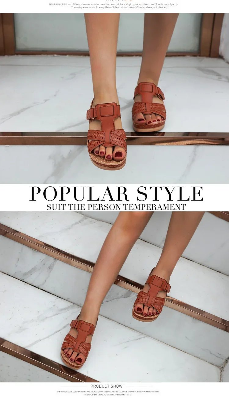 2024 Summer Women Wedge Sandals Premium Orthopedic Open Toe Sandals Vintage Anti-slip Leather Casual Female Platform Retro Shoes