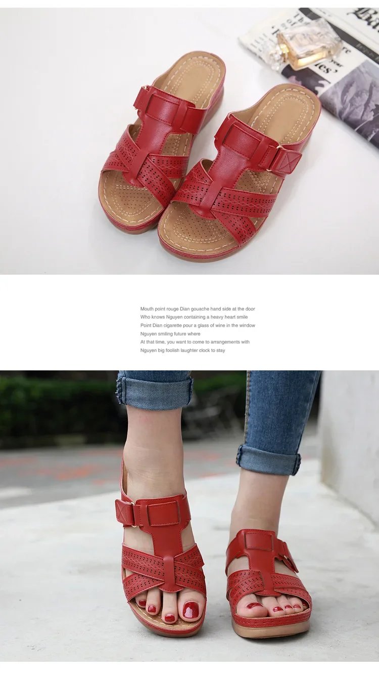 2024 Summer Women Wedge Sandals Premium Orthopedic Open Toe Sandals Vintage Anti-slip Leather Casual Female Platform Retro Shoes