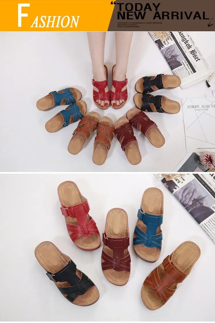 2024 Summer Women Wedge Sandals Premium Orthopedic Open Toe Sandals Vintage Anti-slip Leather Casual Female Platform Retro Shoes