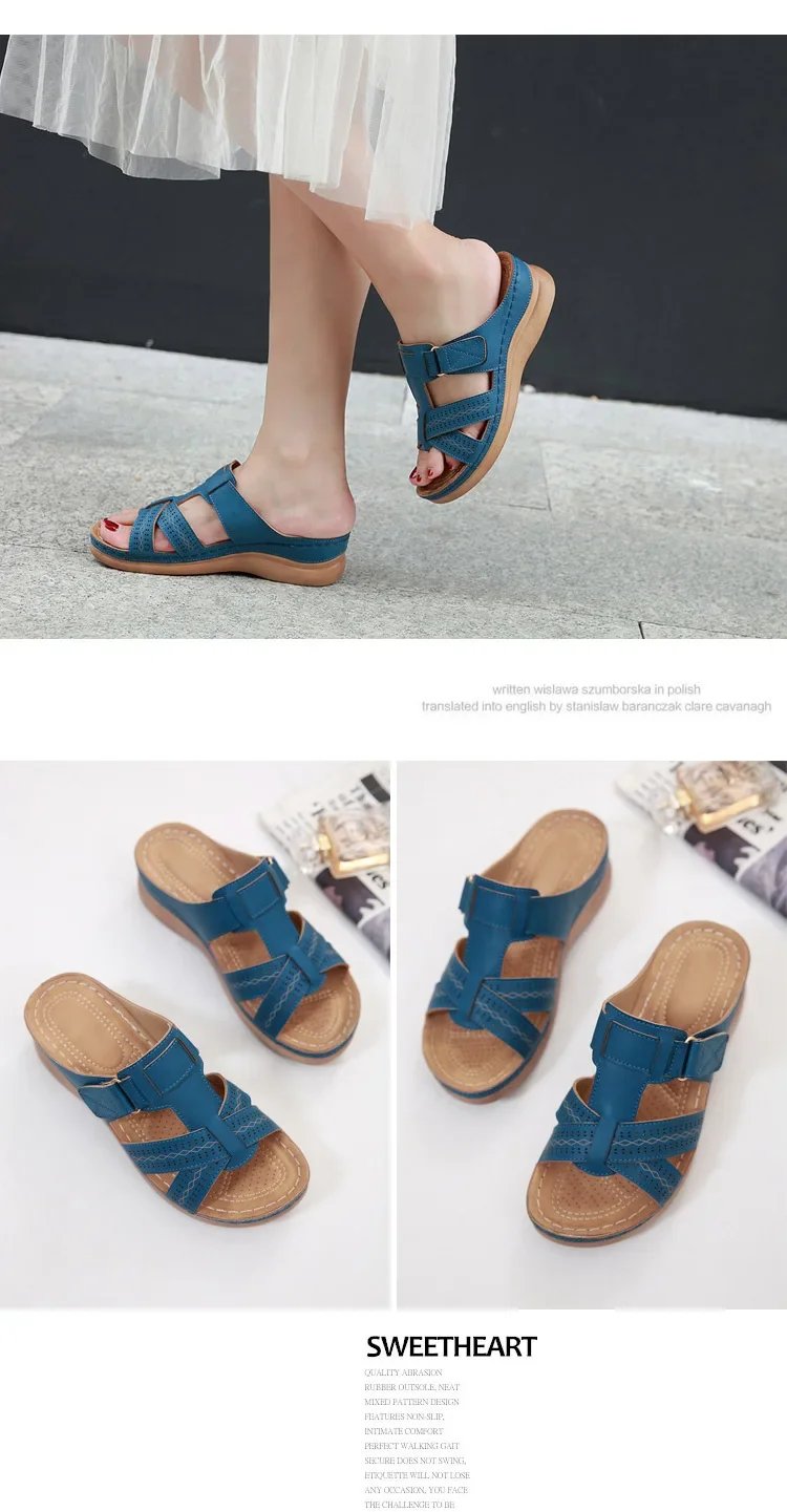 2024 Summer Women Wedge Sandals Premium Orthopedic Open Toe Sandals Vintage Anti-slip Leather Casual Female Platform Retro Shoes