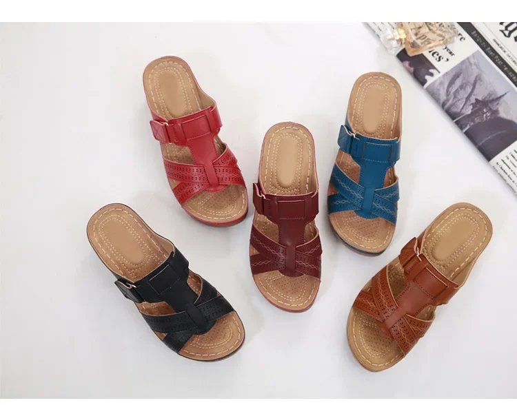 2024 Summer Women Wedge Sandals Premium Orthopedic Open Toe Sandals Vintage Anti-slip Leather Casual Female Platform Retro Shoes