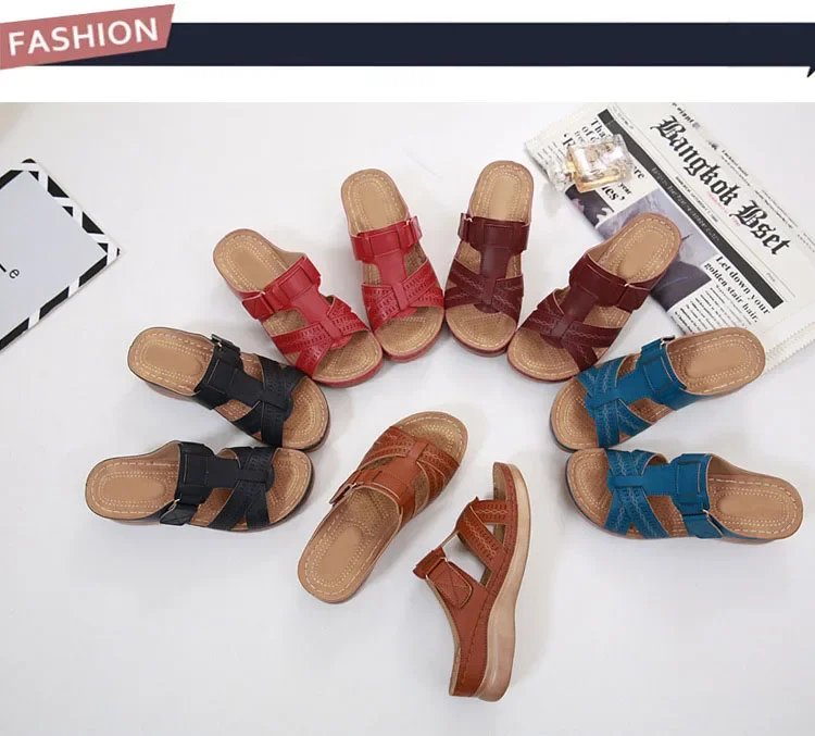 2024 Summer Women Wedge Sandals Premium Orthopedic Open Toe Sandals Vintage Anti-slip Leather Casual Female Platform Retro Shoes